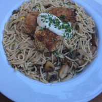 Jackfruit cake mushroom caper pasta  at SunCafe in Studio City