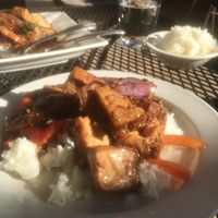 Tofu with eggplant, basil, garlic, red peppers, and rice. at Thep Lela Thai in Mill Valley