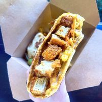 Beyond Buffalo chicken Crunchwrap (no chorizo) - my new go-to  at Nuno's Tacos & Vegmex Grill in Dallas