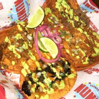 Huitlacoche, al pastor, bistec and chipotle chicken tacos.  at Nuno's Tacos & Vegmex Grill in Dallas