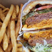 The Cowboy. Beyond meat burger with tons of goodies, lots of flavor and delicious fries. at Nuno's Tacos & Vegmex Grill in Dallas