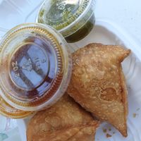 Veggie Samosa came with 3 yummy sauces  at Om Indian Cuisine in San Francisco