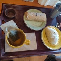 Mushroom potato stroganoff hand pie & seitan & rice burrito at The Park Side Cafe in Olympia