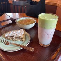 Mushroom gravy, German chocolate cake, matcha strawberry drink  at The Park Side Cafe in Olympia