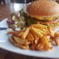 Vegan burger with fries at Garden Grown in Arugam Bay