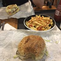 ‘Chicken’ and rice patty burgers with a portion of fries  at Triple Point Brewery & Bar in Sheffield