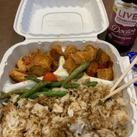 General Tao’s tofu with Jasmine rice and Vegan GF dumpling sauce on rice. Live “Doctor” Kombucha (they sell by the Burger Bar) at Wegmans in Fayetteville