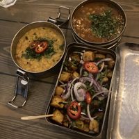 Tea steeped chickpeas, temple dahl, fenugreek fries (all vegan & gluten-free)   at Mowgli in Cardiff