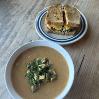 Vegan GF smoked tomato potato soup and vegan tempeh breakfast sandwich   at Wild Grocery & Cafe in Manzanita