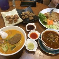 Pork spring rolls, fried chicken, khao soi, pad thai and northern thai curry = all vegan  at V. Napaphud Vegetarian Food in Chiang Mai