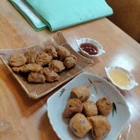 Fried chicken and crab sausage rolls at V. Napaphud Vegetarian Food in Chiang Mai