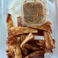 Vegan grilled pork on rice, takeaway (85 THB)  at V. Napaphud Vegetarian Food in Chiang Mai