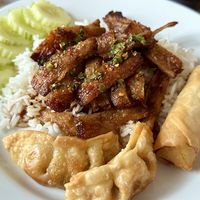 Vegan grilled pork on rice, takeaway (85 THB)  at V. Napaphud Vegetarian Food in Chiang Mai