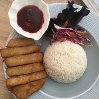 Fried Pork w/ Rice...portions are tiny and proportions not great - needed more pork and veggies! at V. Napaphud Vegetarian Food in Chiang Mai