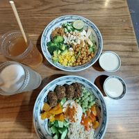 Protein bowl and falafel bowl, lemonade and kombucha at Ngon Vegan Restaurant in Tam Coc