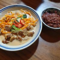 Tempeh with peanut ginger souce (comes with rice) at Ngon Vegan Restaurant in Tam Coc