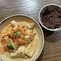 Tofu in peanut ginger sauce with rice  at Ngon Vegan Restaurant in Tam Coc