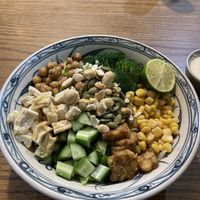 Bowl with tempeh, tofu, veg and tahini dressing   at Ngon Vegan Restaurant in Tam Coc