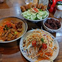 Papaya salad, tempeh and springrolls noodles at Ngon Vegan Restaurant in Tam Coc