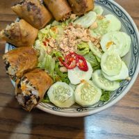 noodles with fried spring rolls at Ngon Vegan Restaurant in Tam Coc