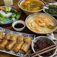 Peanut & Ginger Tofu, Sweet & Sour Soup, Steam Veggies w/ dipping sauce, and brown rice.   at Ngon Vegan Restaurant in Tam Coc