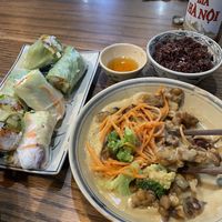 Fresh spring rolls and tempeh in peanut ginger sauce 😃  at Ngon Vegan Restaurant in Tam Coc