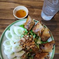 Noodles with spring rools  at Ngon Vegan Restaurant in Tam Coc