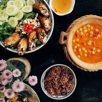Papaya salad, coconut chickpea curry, spring roll noodles. at Ngon Vegan Restaurant in Tam Coc