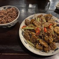 Tempeh with lemongrass and chili with red rice at Ngon Vegan Restaurant in Tam Coc