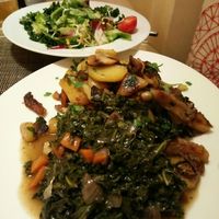 What a feast! Roasted potatoes with mushrooms and kale vegetables. Hearty, savoury and what a plate full! Bring some hunger! at Vinzenz in Weilheim