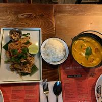 Red Thai curry, pad Thai and rice  at Thaikhun in Aberdeen