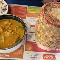 Red Thai curry & sticky ricee  at Thaikhun in Aberdeen