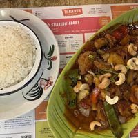 Cashew nut stir fry with vegan chicken plus coconut ricee  at Thaikhun in Aberdeen