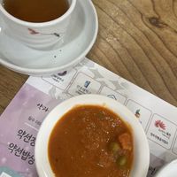 Started the set meal with tea & soup  at Gamloheon 감로헌 in Jeonju