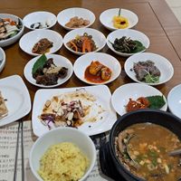 Incredible food this was the 22 000won menu, mushroom based soup, lots of tofu sides and there was a vegan beef like side too. 

The waiter said that the restaurant is 100% vegan! at Gamloheon 감로헌 in Jeonju