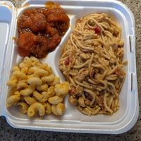 Chickun Spaghetti, Yams and Mac n Cheese at H.O.M.E. Vegan Restaurant (TheHouseOfMentalEatery) in Little Rock