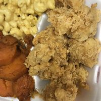 Kauliflower Wings with sauce on the side, Mac No Cheese, and yams   at H.O.M.E. Vegan Restaurant (TheHouseOfMentalEatery) in Little Rock