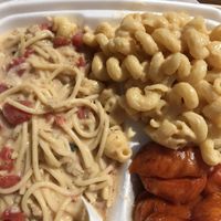 Chick’n Spaghetti, Mac No Cheese, and yams at H.O.M.E. Vegan Restaurant (TheHouseOfMentalEatery) in Little Rock