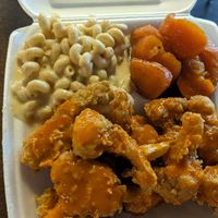 Kauliwings (buffalo), Mac and cheese, candied yams at H.O.M.E. Vegan Restaurant (TheHouseOfMentalEatery) in Little Rock