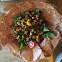 Galette (buckwheat pancake) with a mix of seasonal veggies, cooked and raw at La Relève in Agon-coutainville