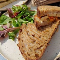 Tofu and kimchi sandwich/toastie (it was delicious) at The Hairy Barista in Totnes