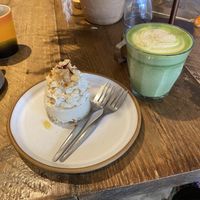 Rose & pistachio cheesecake, Matcha latte 💚  at The Hairy Barista in Totnes