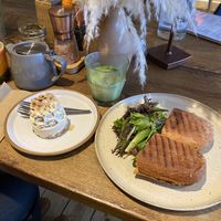 Smashed Falafel sandwich and cheesecake   at The Hairy Barista in Totnes