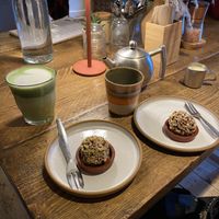 Matcha Latte 💚 & toasted hazelnut, chocolate praline balls 🤎  at The Hairy Barista in Totnes