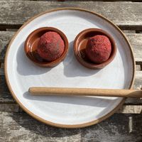 Mushroom and chocolate raspberry truffles 🤎🩷  at The Hairy Barista in Totnes