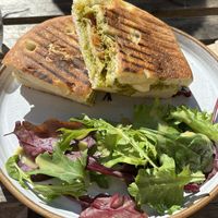 SUCH a good toastie with impressive vegan cheese, came with a homemade green sauce on the side which was to die for, and they kindly gave us extra for free which was so sweet  at The Hairy Barista in Totnes