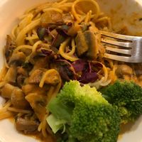 Mushroom stroganoff. It normally comes with rice but I requested pasta instead. They are very accommodating! The broccoli does not come with it, I ordered that on the side. 
 at Luna's Vegan Corner in Cardiff