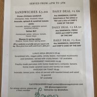 Lunch menu 29 June 2022  at Luna's Vegan Corner in Cardiff