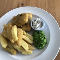 Ocean tofu and chips, mushy peas and tartare sauce  at Luna's Vegan Corner in Cardiff
