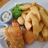 Ocean tofu, chips, mushy peas, and tartar sauce - all delicious! at Luna's Vegan Corner in Cardiff